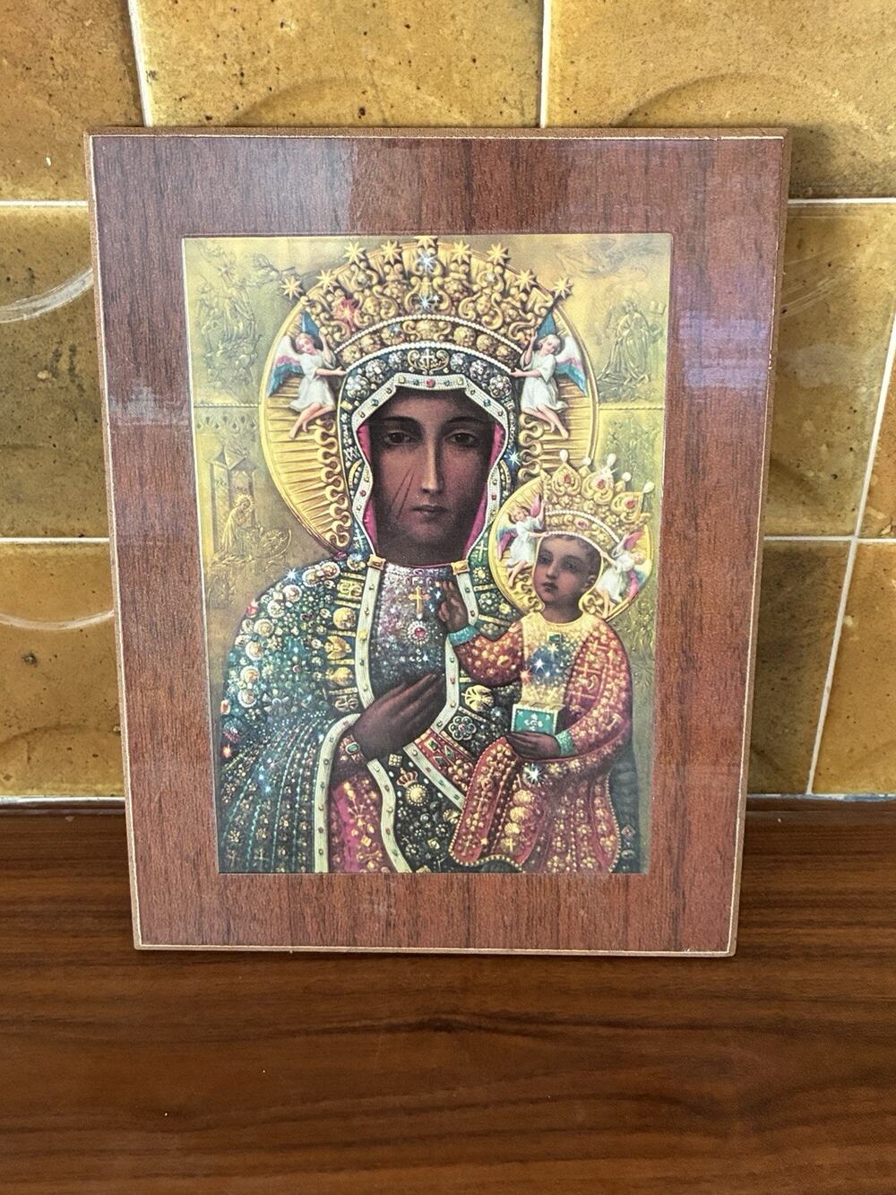 Our Lady of Czestochowa Black Madonna and Child Icon on Wooden Frame